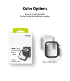 Apple Watch 9 / 8 / 7 (41mm) | Slim - Retail packaging next to one clear and one matte black slim watch case.