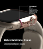 Apple Watch 9 / 8 / 7 (41mm) | Slim - Close-up of a rose gold slim watch case highlighting 0.8mm width and responsive button design.