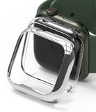 Apple Watch 9 / 8 / 7 (41mm) | Slim - Clear protective case hovering over a dark green Apple Watch with a silicone band.