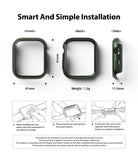 Apple Watch 9 / 8 / 7 (41mm) | Slim - Dimensions and three-step installation guide for a slim dark green watch case.