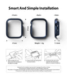 Apple Watch 9 / 8 / 7 (41mm) | Slim - Dimensions and three-step installation guide for a slim navy smartwatch case.