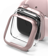 Apple Watch 9 / 8 / 7 (41mm) | Slim - A rose gold slim protective case hovering over a matching pink Apple Watch.
