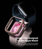 Apple Watch 9 / 8 / 7 (41mm) | Slim - A rose gold protective case hovering over a pink Apple Watch against a black background.