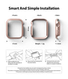 Apple Watch 9 / 8 / 7 (41mm) | Slim - Rose gold watch case dimensions and three-step installation guide illustrations.