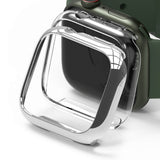 Apple Watch 9 / 8 / 7 (45mm) Case | Slim - Transparent protective case hovering in front of a green Apple Watch.