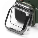 Apple Watch 9 / 8 / 7 (45mm) Case | Slim - Transparent protective case hovering over a green Apple Watch.