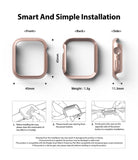 Apple Watch 9 / 8 / 7 (45mm) Case | Slim - Rose gold watch case dimensions and three-step installation guide diagrams.