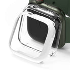 Apple Watch 9 / 8 / 7 (45mm) Case | Slim - Clear protective watch case hovering in front of an Apple Watch with a green band.