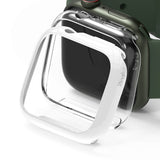 Apple Watch 9 / 8 / 7 (45mm) Case | Slim - Clear protective watch case hovering in front of an Apple Watch with a green band.