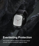 Apple Watch Series (45mm / 44mm) Case | Fusion Bumper - Smartwatch with protective bumper case suspended between rocks.