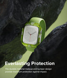 Apple Watch Series (45mm / 44mm) Case | Fusion Bumper - Lime green Apple Watch with clear bumper case between dark rocks.