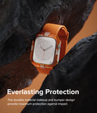 Apple Watch Series (45mm / 44mm) Case | Fusion Bumper - Orange Apple Watch with transparent bumper between dark rocks.