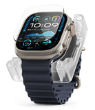 Apple Watch Ultra 3 / 2 / 1 Screen Protector | Easy Slide Tempered Glass - Apple Watch Ultra 3 / 2 / 1 Screen Protector - Tempered glass screen protector hovering above an Apple Watch Ultra.