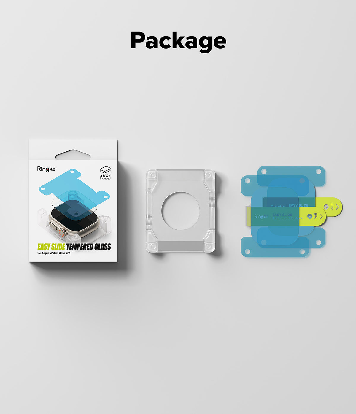 Apple Watch Ultra 3 / 2 / 1 Screen Protector | Easy Slide Tempered Glass - Apple Watch Ultra 3 / 2 / 1 Screen Protector - Retail box, clear installation frame, and two tempered glass protectors.