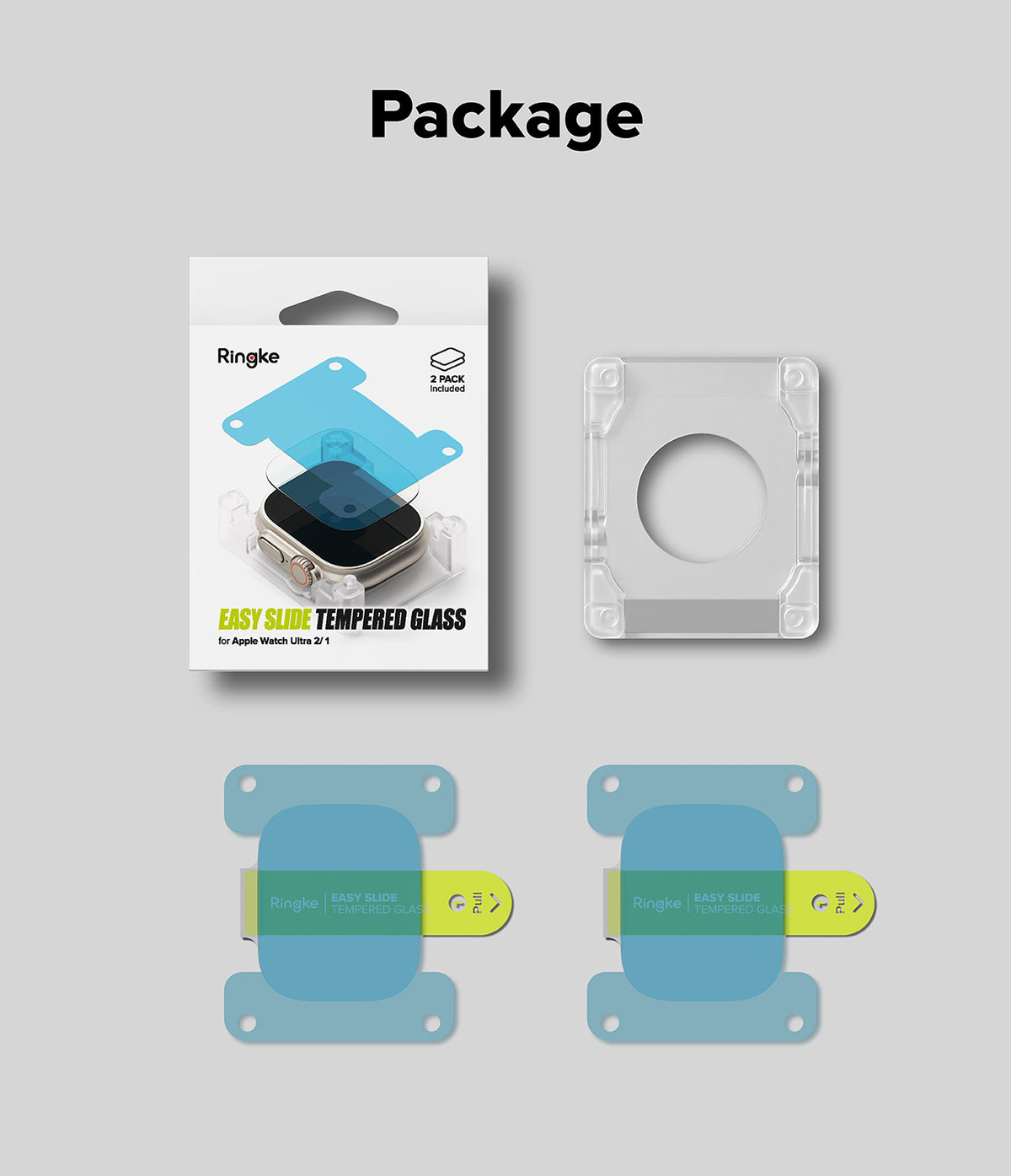 Apple Watch Ultra 3 / 2 / 1 Screen Protector | Easy Slide Tempered Glass - Apple Watch Ultra 3 / 2 / 1 Screen Protector - Packaging, installation frame, and two Easy Slide tempered glass kits.