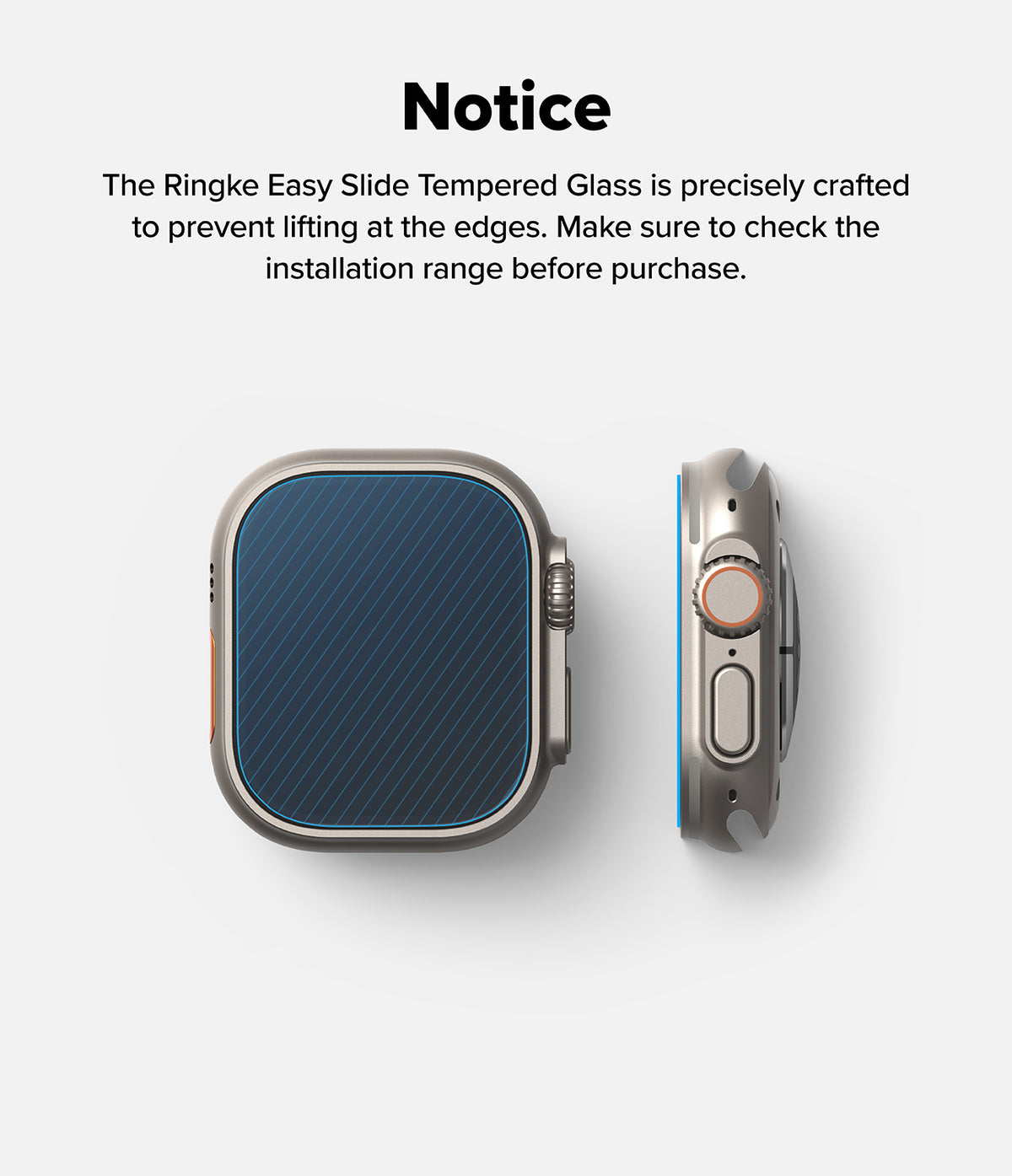 Apple Watch Ultra 3 / 2 / 1 Screen Protector | Easy Slide Tempered Glass - Apple Watch Ultra 3 / 2 / 1 Screen Protector - Front and side views of an Apple Watch with a blue-tinted screen guard.
