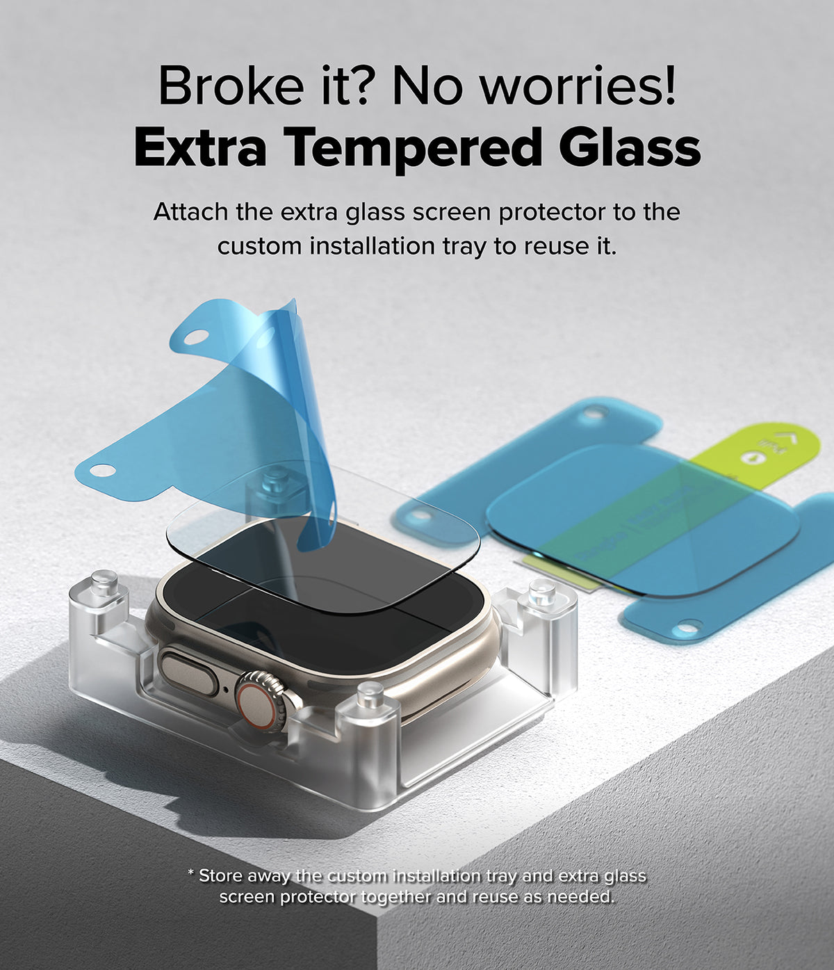 Apple Watch Ultra 3 / 2 / 1 Screen Protector | Easy Slide Tempered Glass - Apple Watch Ultra Screen Protector - An Apple Watch Ultra in an installation tray with a spare tempered glass protector.