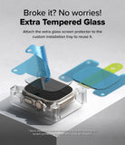 Apple Watch Ultra 3 / 2 / 1 Screen Protector | Easy Slide Tempered Glass - Apple Watch Ultra Screen Protector - An Apple Watch Ultra in an installation tray with a spare tempered glass protector.