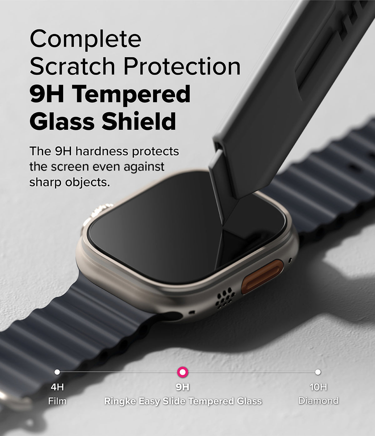 Apple Watch Ultra 3 / 2 / 1 Screen Protector | Easy Slide Tempered Glass - Apple Watch Ultra Screen Protector - A utility knife blade presses against an Apple Watch Ultra screen with a glass shield.