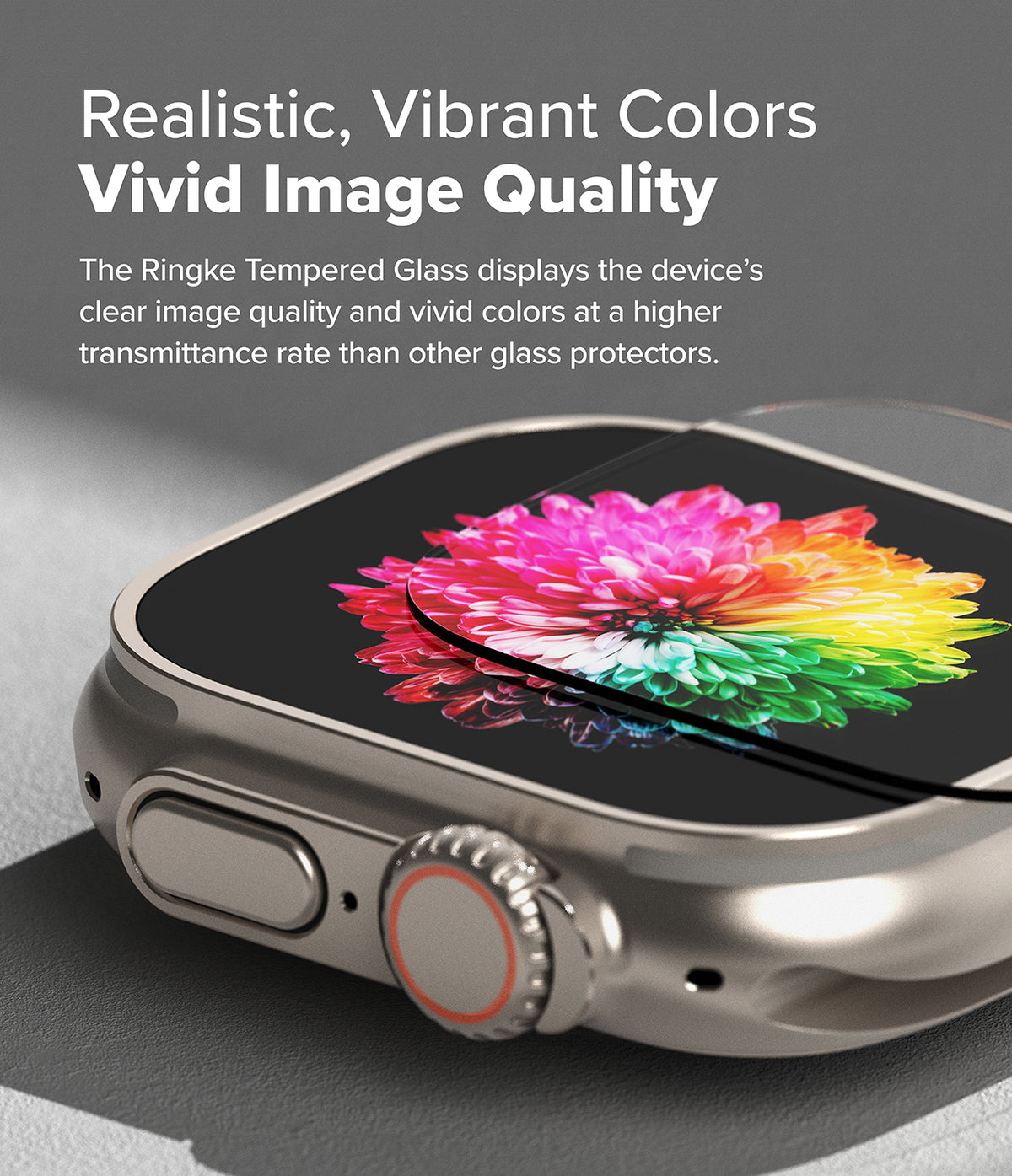 Apple Watch Ultra 3 / 2 / 1 Screen Protector | Easy Slide Tempered Glass - Apple Watch Ultra 3 / 2 / 1 Screen Protector - Tempered glass being applied to an Apple Watch displaying a colorful flower.