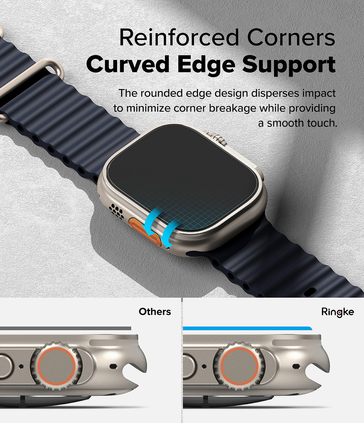 Apple Watch Ultra 3 / 2 / 1 Screen Protector | Easy Slide Tempered Glass - Apple Watch Ultra Screen Protector - Close-up of curved tempered glass on a watch, comparing flat vs. rounded edge design.