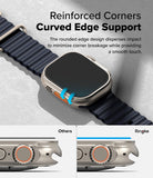 Apple Watch Ultra 3 / 2 / 1 Screen Protector | Easy Slide Tempered Glass - Apple Watch Ultra Screen Protector - Close-up of curved tempered glass on a watch, comparing flat vs. rounded edge design.