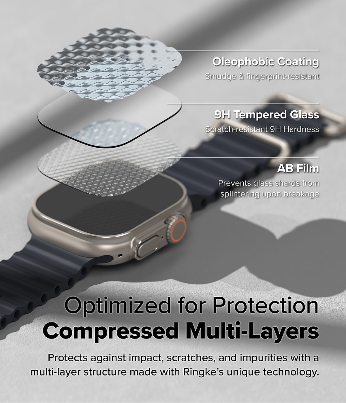 Apple Watch Ultra 3 / 2 / 1 Screen Protector | Easy Slide Tempered Glass - Apple Watch Ultra Screen Protector - Exploded view showing oleophobic coating, 9H tempered glass, and AB film layers.