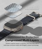 Apple Watch Ultra 3 / 2 / 1 Screen Protector | Easy Slide Tempered Glass - Apple Watch Ultra Screen Protector - Exploded view showing oleophobic coating, 9H tempered glass, and AB film layers.