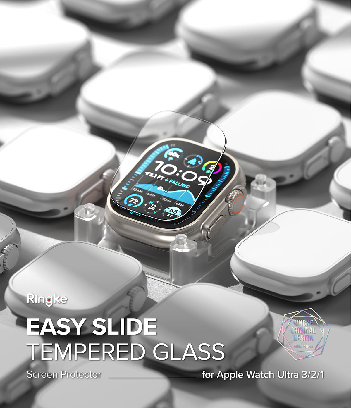 Apple Watch Ultra 3 / 2 / 1 Screen Protector | Easy Slide Tempered Glass - Apple Watch Ultra 3 / 2 / 1 Screen Protector - Tempered glass being applied to an Apple Watch Ultra on a display stand.