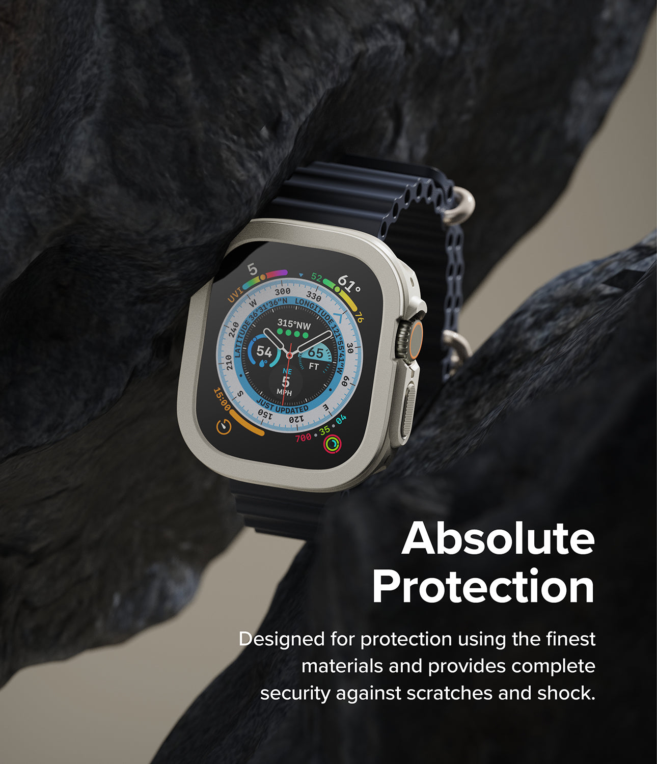Apple Watch Ultra 3 / 2 / 1 Case | Air Sports - Apple Watch Ultra in a protective case nestled between dark rocks.
