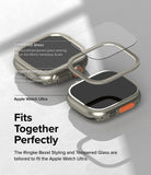 Apple Watch Ultra 3 / 2 / 1 | Glass + Bezel Styling Combo - Exploded view of tempered glass and stainless steel bezel.