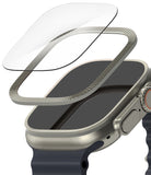 Apple Watch Ultra 3 / 2 / 1 | Glass + Bezel Styling Combo - Apple Watch Ultra 3 / 2 / 1 - Exploded view of a screen protector and metallic bezel styling ring above an Apple Watch.