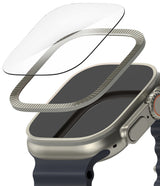 Apple Watch Ultra 3 / 2 / 1 | Glass + Bezel Styling Combo - Apple Watch Ultra 3 / 2 / 1 - Exploded view of a screen protector and metallic bezel styling ring above an Apple Watch.
