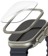 Apple Watch Ultra 3 / 2 / 1 | Glass + Bezel Styling Combo - Apple Watch Ultra 3 / 2 / 1 - Exploded view of a screen protector and textured metal bezel hovering above an Apple Watch.