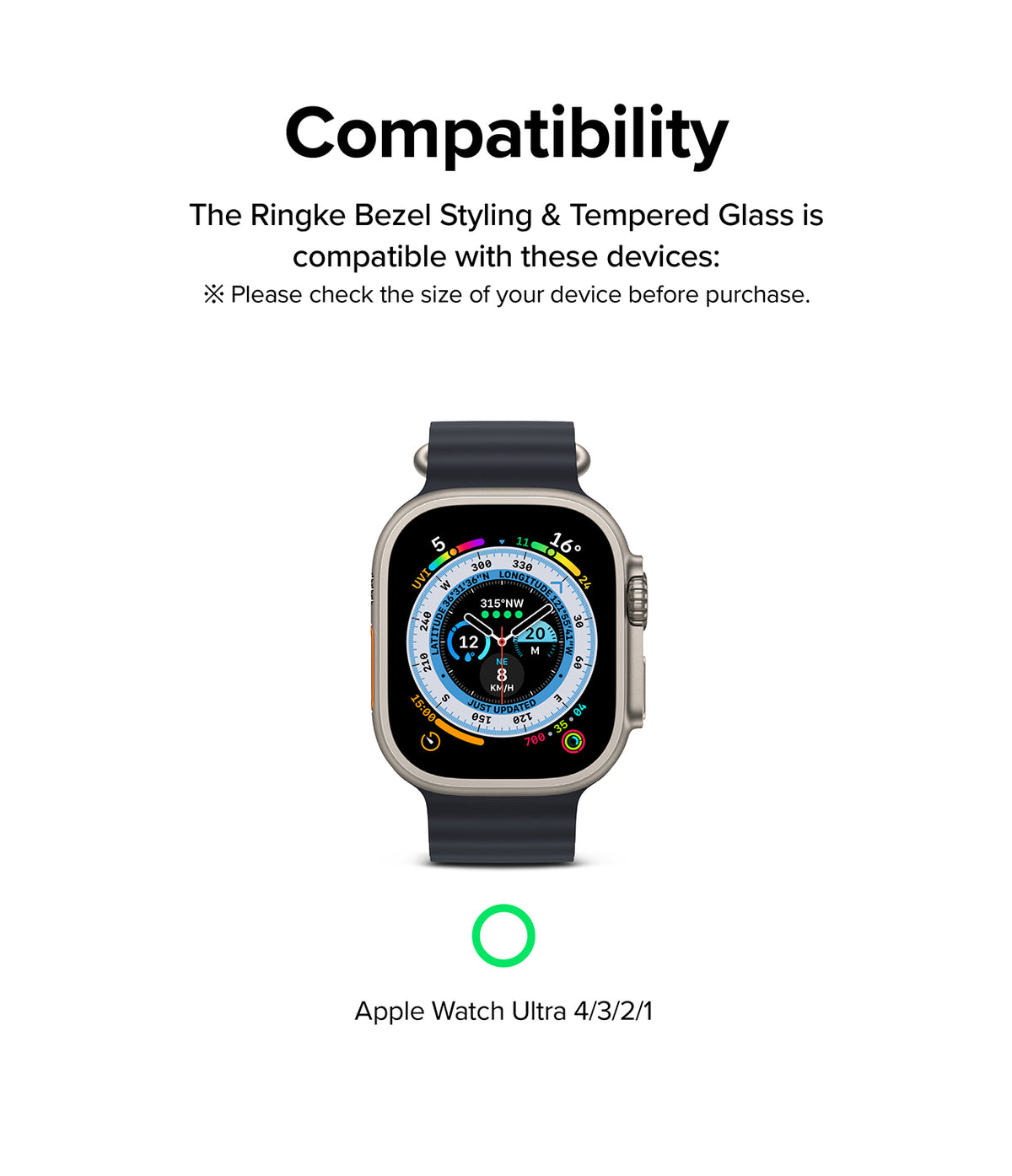 Apple Watch Ultra 4 / 3 / 2 / 1 | Glass + Bezel Styling Combo - Compatibility graphic showing an Apple Watch Ultra with a dark band and silver case, with text stating the Ringke bezel styling and tempered glass are compatible with this device.