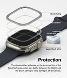 Apple Watch Ultra 3 / 2 / 1 | Glass + Bezel Styling Combo - Exploded view of watch bezel, guide film, and adhesive.