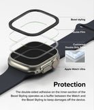 Apple Watch Ultra 3 / 2 / 1 | Glass + Bezel Styling Combo - Exploded view of watch bezel, guide film, and adhesive.