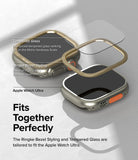Apple Watch Ultra 3 / 2 / 1 | Glass + Bezel Styling Combo - Exploded view of tempered glass and gold bezel on watch.