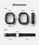 Apple Watch Ultra 3 / 2 / 1 Case + Band | Fusion-X Guard - Technical diagram showing dimensions of a black watch case and strap.