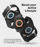 Apple Watch Ultra 3 / 2 / 1 Case + Band | Fusion-X Guard - Three black rugged watch cases with bands and colorful dials.