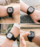 Apple Watch Ultra 3 / 2 / 1 Case + Band | Fusion-X Guard - Four views of a rugged black protective case on an Apple Watch.