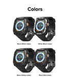 Apple Watch Ultra 3 / 2 / 1 Case + Band | Fusion-X Guard - Four Apple Watch Ultra units with protective cases in black, white, yellow, and red index color variations.