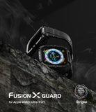 Apple Watch Ultra 3 / 2 / 1 Case + Band | Fusion-X Guard - Rugged black protective case and band on a rocky surface.