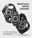 Apple Watch Ultra 3 / 2 / 1 Case + Band | Fusion-X Guard - Apple Watch Ultra Fusion-X Guard - Three Apple Watch Ultra units with protective black cases and bands floating.