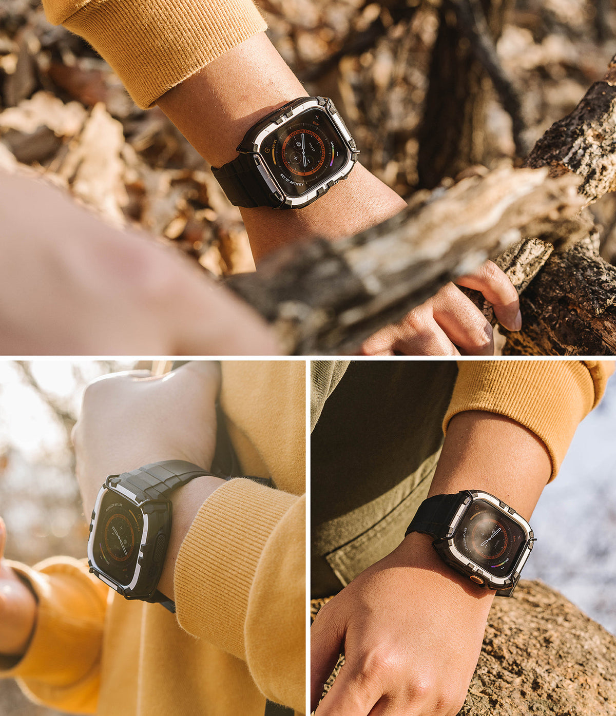 Apple Watch Ultra 3 / 2 / 1 Case + Band | Fusion-X Guard - Rugged black and white protective case on an Apple Watch.