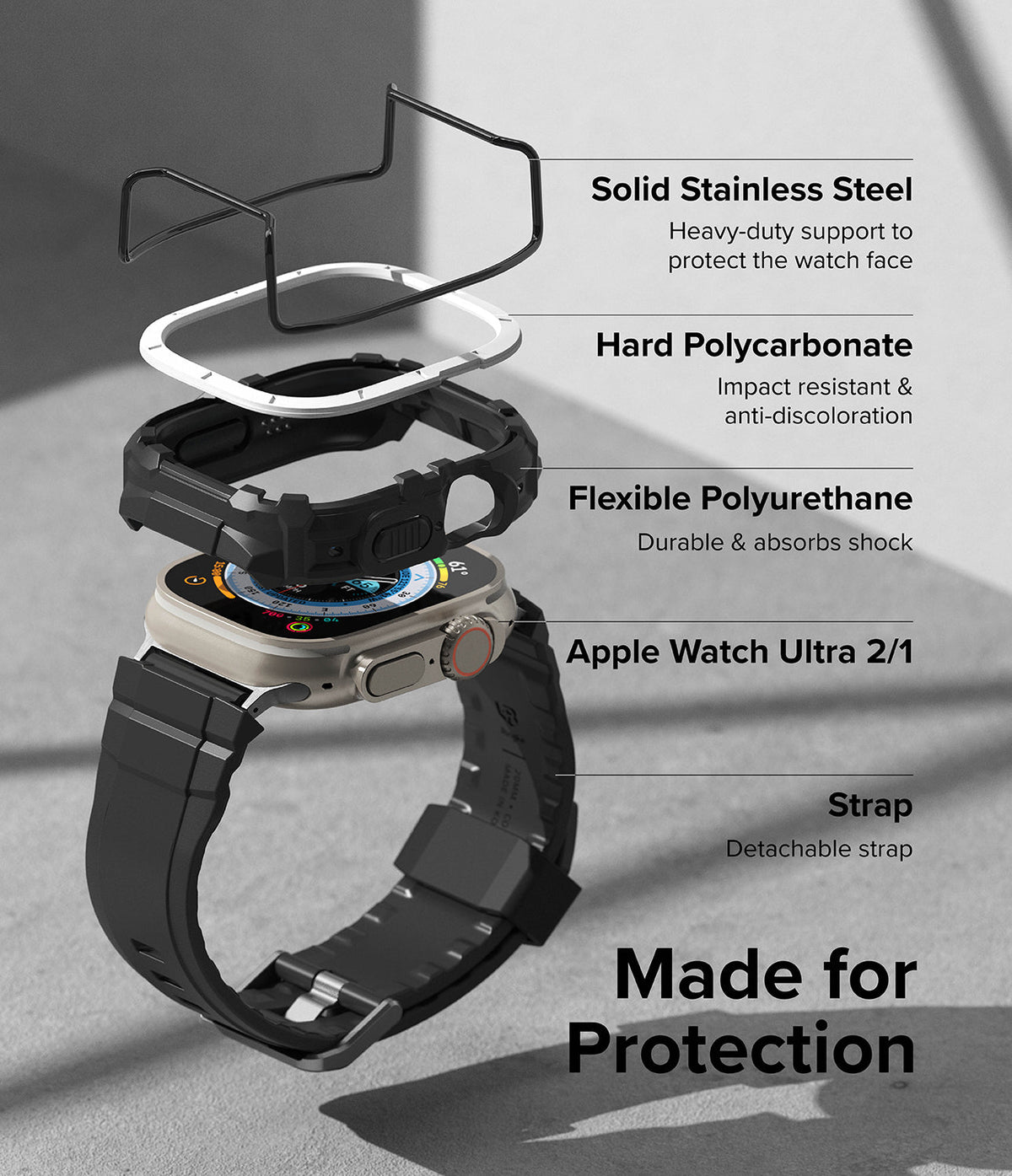 Apple Watch Ultra 3 / 2 / 1 Case + Band | Fusion-X Guard - Exploded view of protective watch case layers and strap.