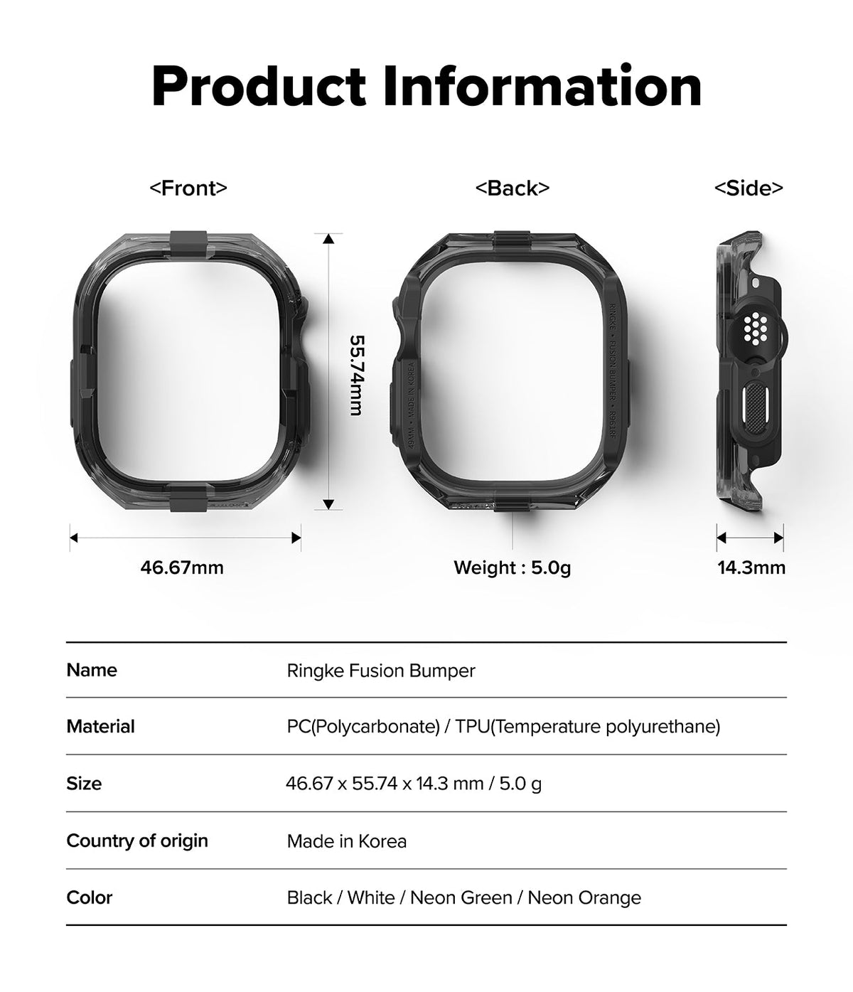 Apple Watch Ultra 3 / 2 / 1 Case | Fusion Bumper - Technical diagram showing front, back, and side views with dimensions.