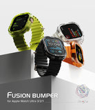 Apple Watch Ultra 3 / 2 / 1 Case | Fusion Bumper - Four Apple Watches in colorful protective bumper cases on pedestals.
