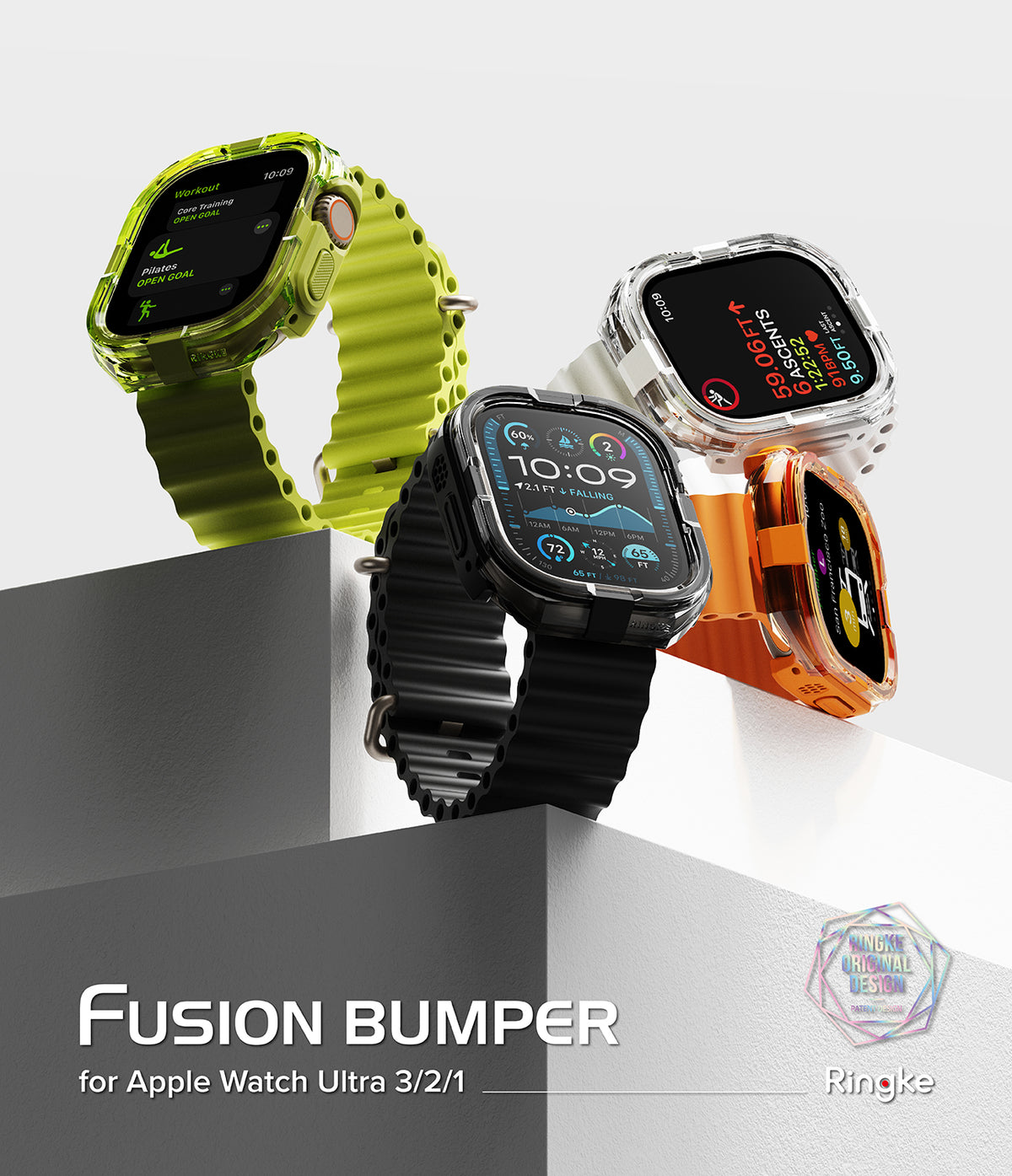 Apple Watch Ultra 3 / 2 / 1 Case | Fusion Bumper - Apple Watch Ultra Fusion Bumper - Four Apple Watch Ultra units in green, black, clear, and orange cases on white blocks.