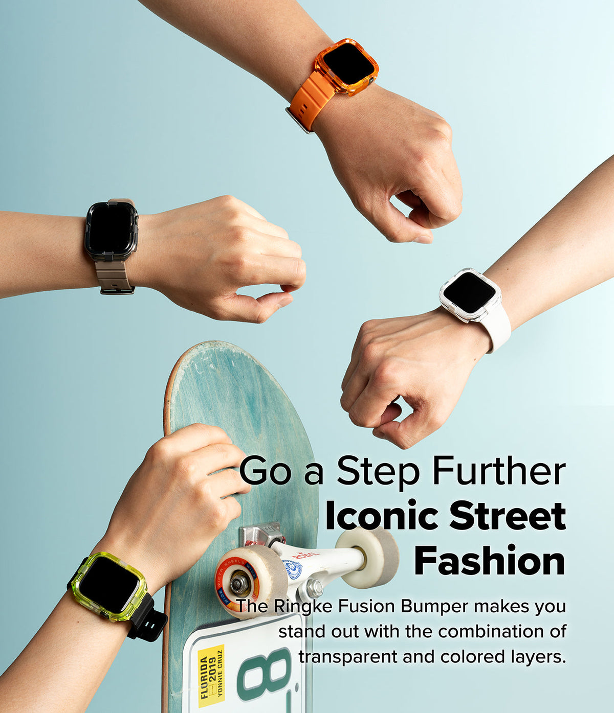 Apple Watch Ultra 3 / 2 / 1 Case | Fusion Bumper - Four wrists wearing Apple Watches with colorful Fusion bumpers.